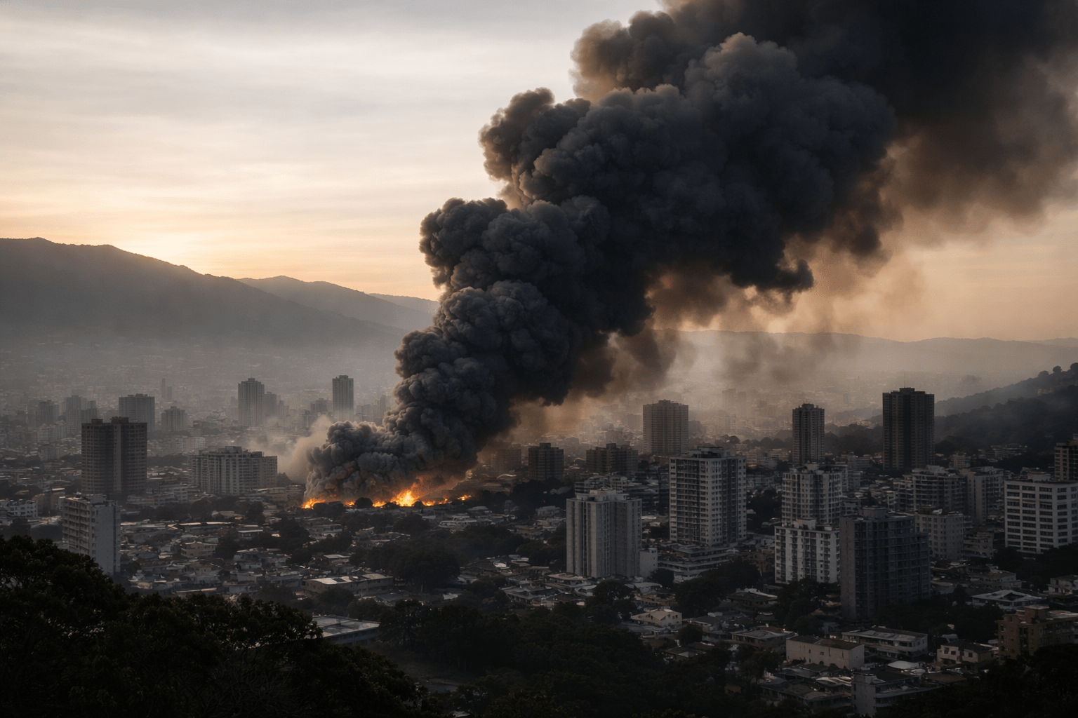 Humo negro sobre Caracas al amanecer